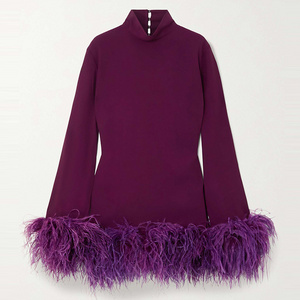 Factory Custom OEM Lady Elegant Purple Long Sleeve Fall Cut Out Women Mini Dress with Ostrich Feather Trim