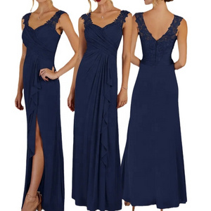 Custom maxi dress Vestidos Para La Madre De La Novia Fall Navy Embroidered Floral Sheer Layer Mother Of the Bride Dress