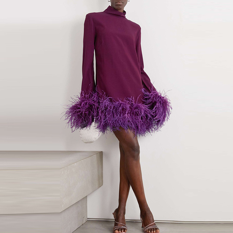 Factory Custom OEM Lady Elegant Purple Long Sleeve Fall Cut Out Women Mini Dress with Ostrich Feather Trim