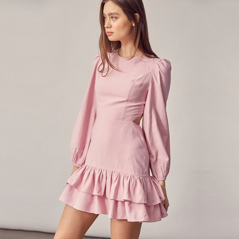 Custom Women Stylish Satin Mini Dress Long Puff Sleeve Sexy Lace Up Hollow Out Back Elegant Pink Ruffle Dress