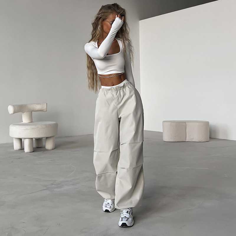 High Waist Drawstring Straight Minimalist Overalls Baggy Solid Versatile Hip Hop Casual Trousers Parachute Pants for Women