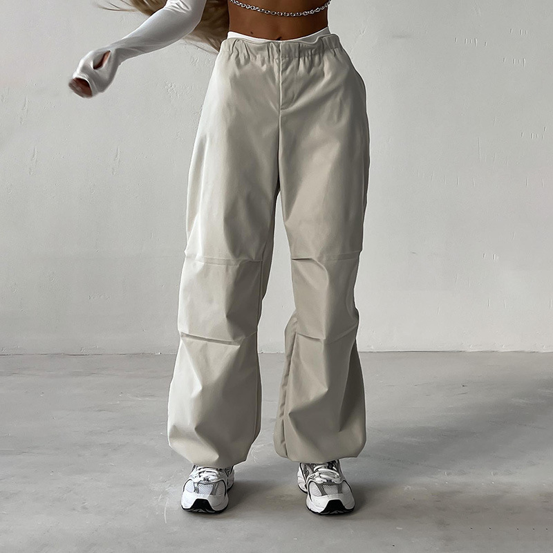 High Waist Drawstring Straight Minimalist Overalls Baggy Solid Versatile Hip Hop Casual Trousers Parachute Pants for Women