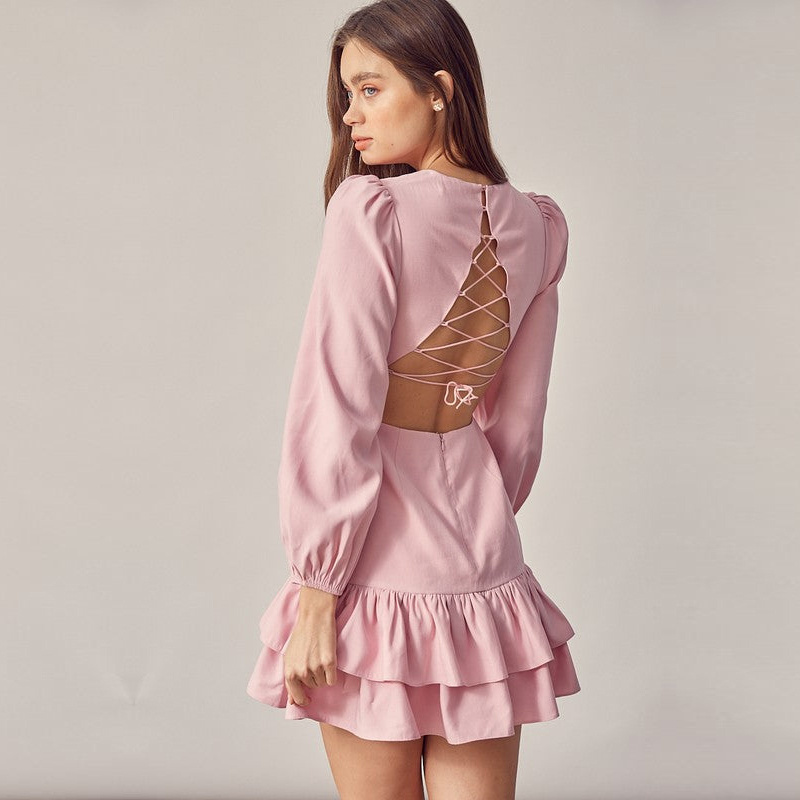 Custom Women Stylish Satin Mini Dress Long Puff Sleeve Sexy Lace Up Hollow Out Back Elegant Pink Ruffle Dress