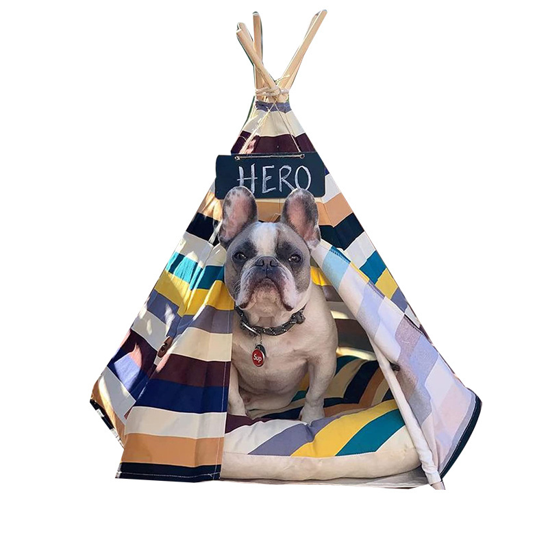 2022 Hot Sale Pet dog cat teepee tent bed puppy tent indoor pet tipi tentstripe canvas teepee for pet