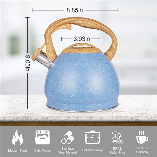 blue 2.7 Liter Loud Whistling Tea kettle Wood Pattern Handle Food Grade Stainless Steel Teapot for Tea