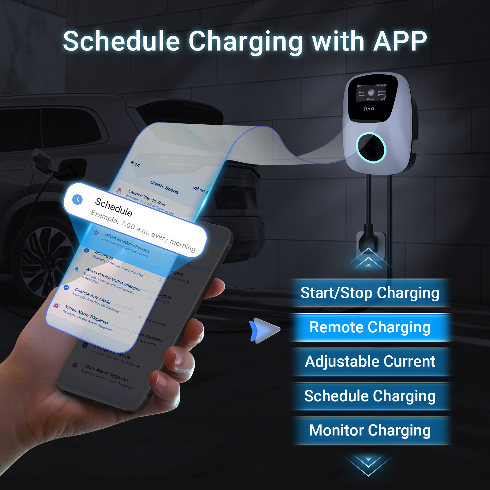 Tera US 11kw portable ev charger Level2 J1772 48A 240V IP66 Wall Electric Vehicle Charging Station APP Control W01