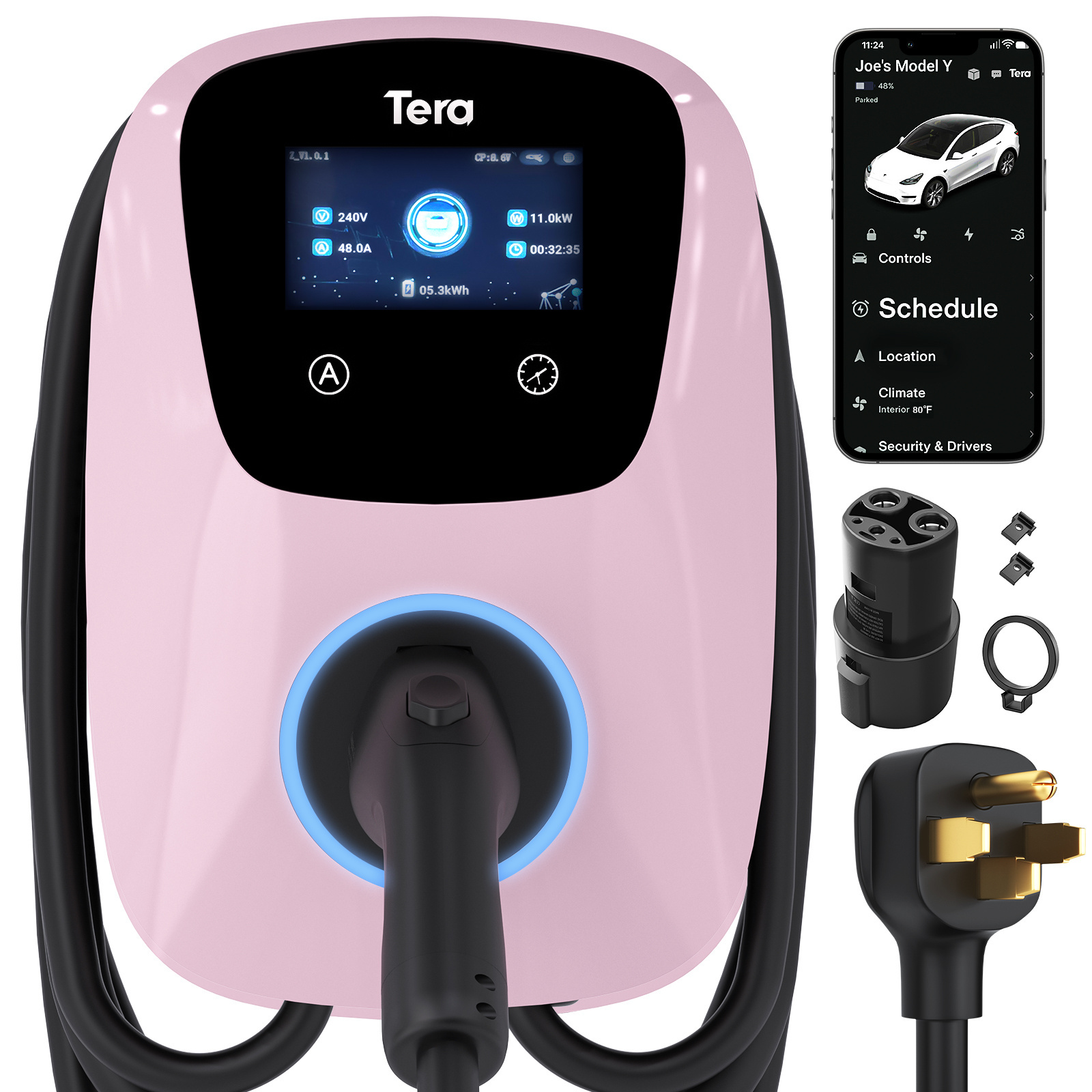 Tera Electric Vehicle Charger J1772 EVs ETL Level 2 48Amp 240V TSL Home Charging Station NEMA14-50 25FT Cable W01 Pink