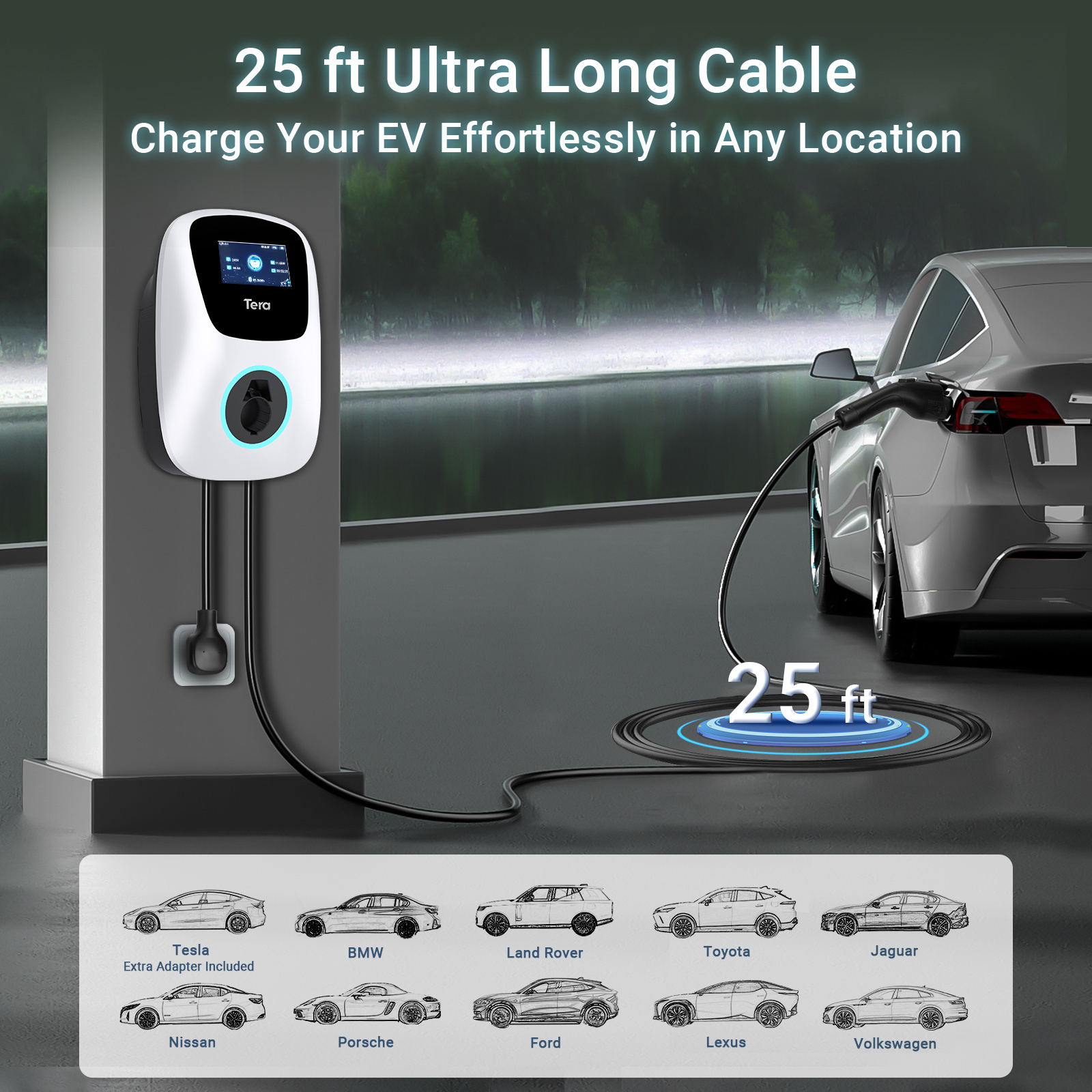 Tera US 11kw portable ev charger Level2 J1772 48A 240V IP66 Wall Electric Vehicle Charging Station APP Control W01