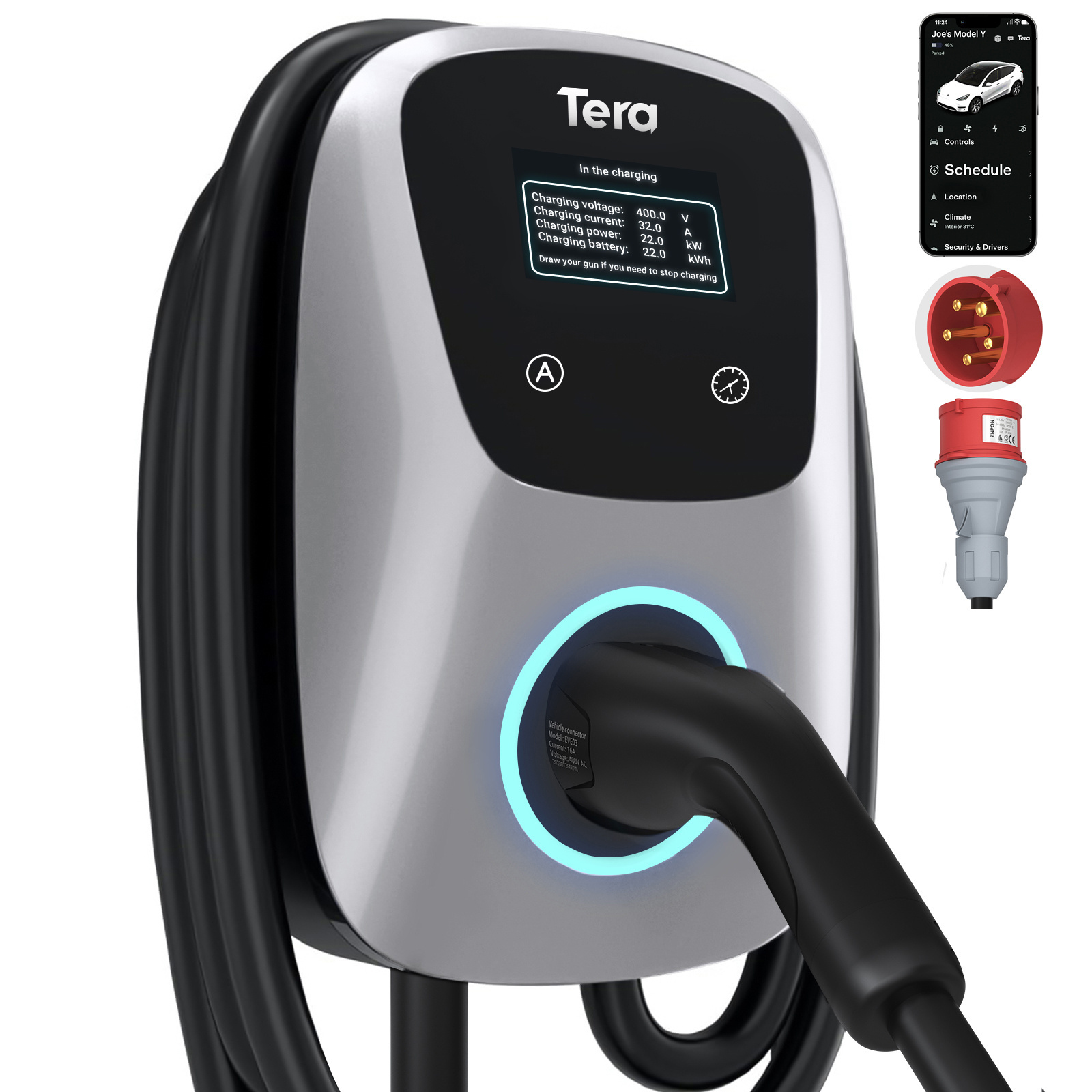 Tera EV Charger Type 1*2 11KW Charging Station Wallbox 7m Charging Cable Charger Holder App Control CEE 3-Phase P