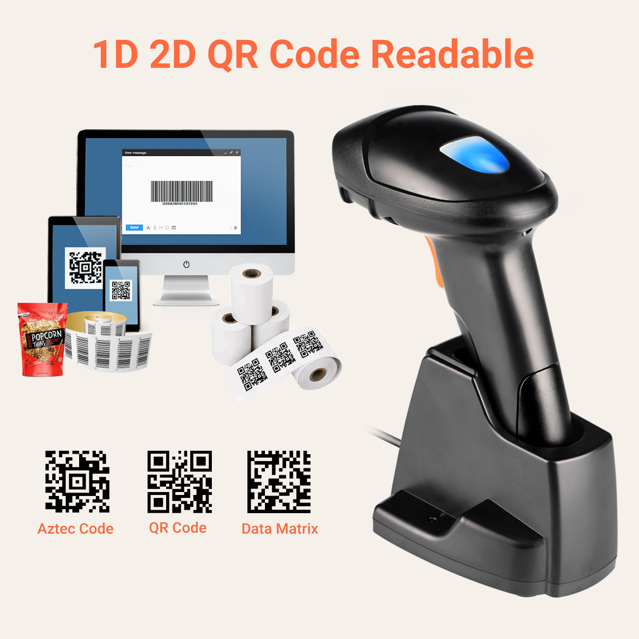 Tera 1D 2D Desktop Qr Code Barcode Reader Sale Bluetooth LED Light USB NFC card skimmer Auto WIFI Status Training Industrial Bit