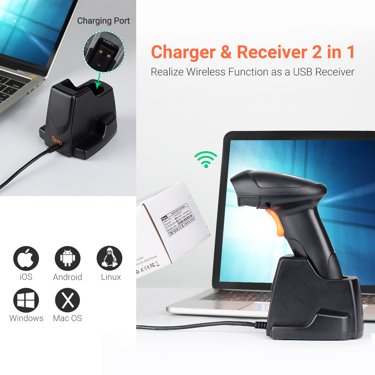 Tera 1D 2D Desktop Qr Code Barcode Reader Sale Bluetooth LED Light USB NFC card skimmer Auto WIFI Status Training Industrial Bit