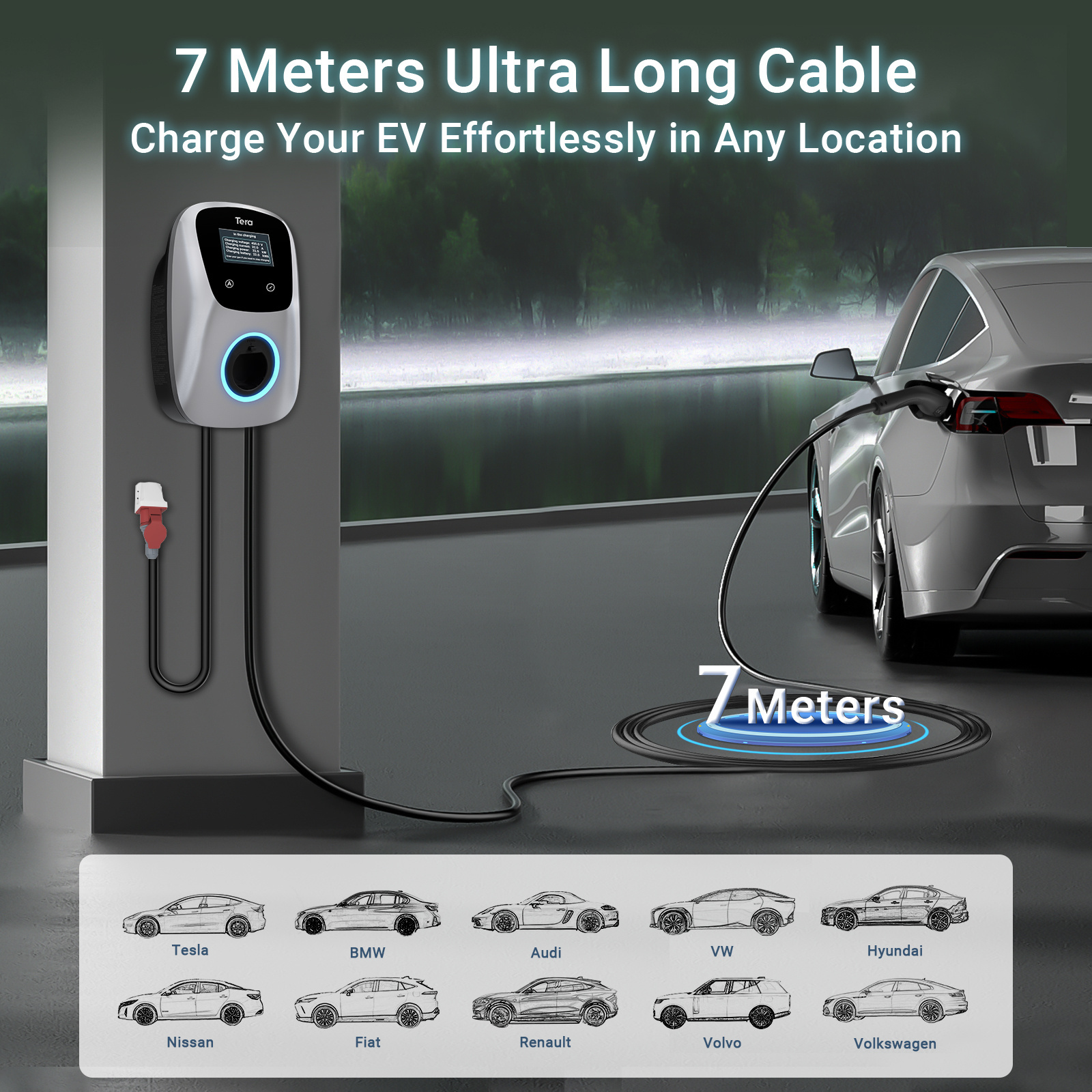 Tera EV Charger Type 1*2 11KW Charging Station Wallbox 7m Charging Cable Charger Holder App Control CEE 3-Phase P