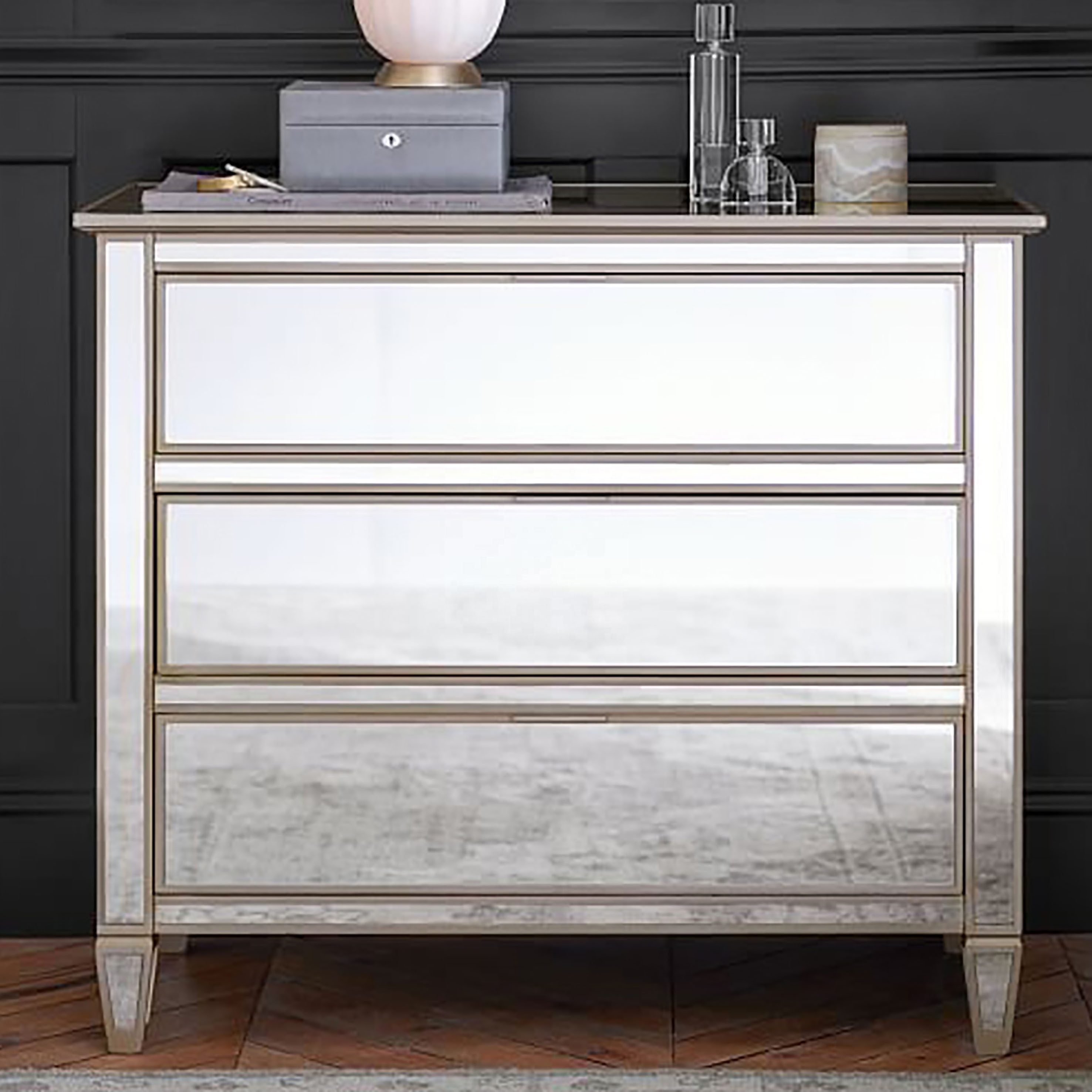 Three Drawer Solid Wood Foot  Silver Sideboard Storage Industrial Display Wood Glass Accessories Kitchen Living Room Cabinet