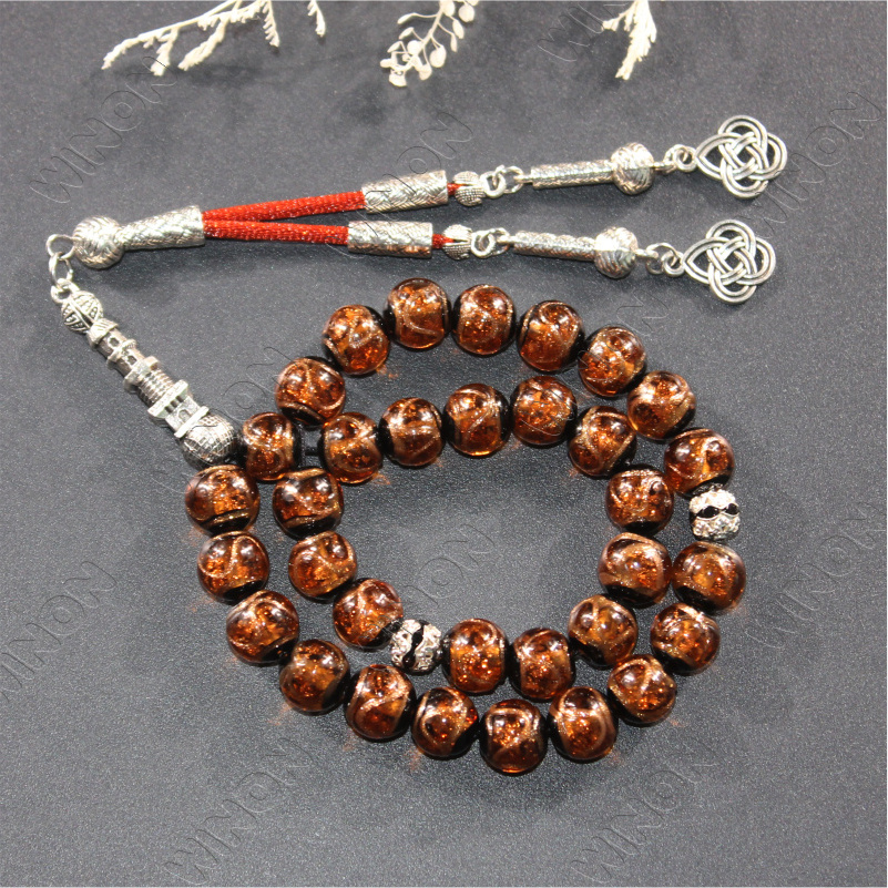 Quality Gold Sand Glass Handmade 33 Beads Islamic Prayer Beads Coffee Color With Stainless Steel Accessories Muslim Rosaries