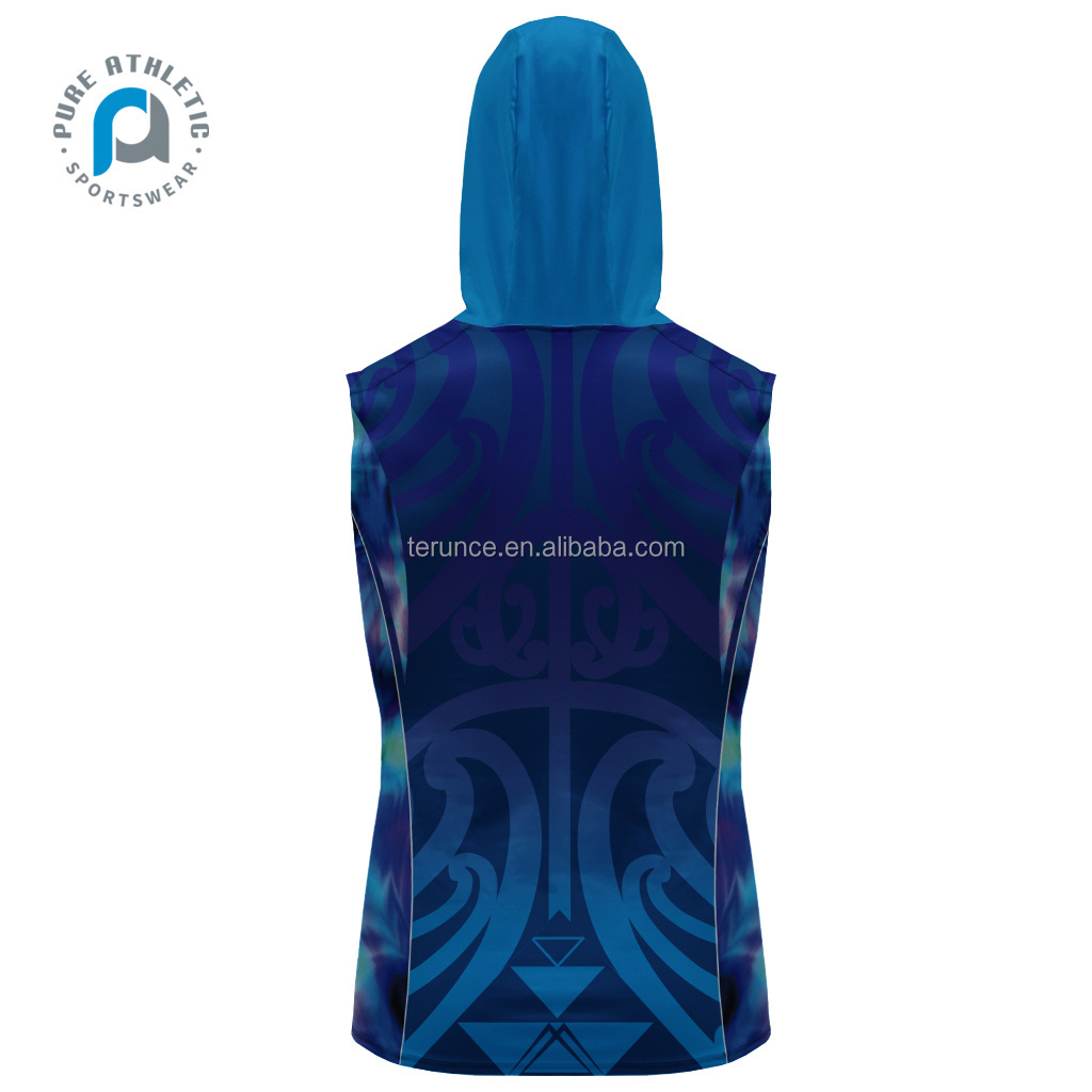 PURE Wholesale Sublimated Printed Polyester Elastic Sleeveless Hoodie Sweatshirts With Hood For Mens Adult Youth