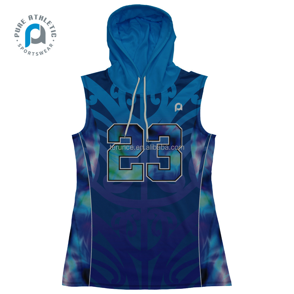 PURE Wholesale Sublimated Printed Polyester Elastic Sleeveless Hoodie Sweatshirts With Hood For Mens Adult Youth