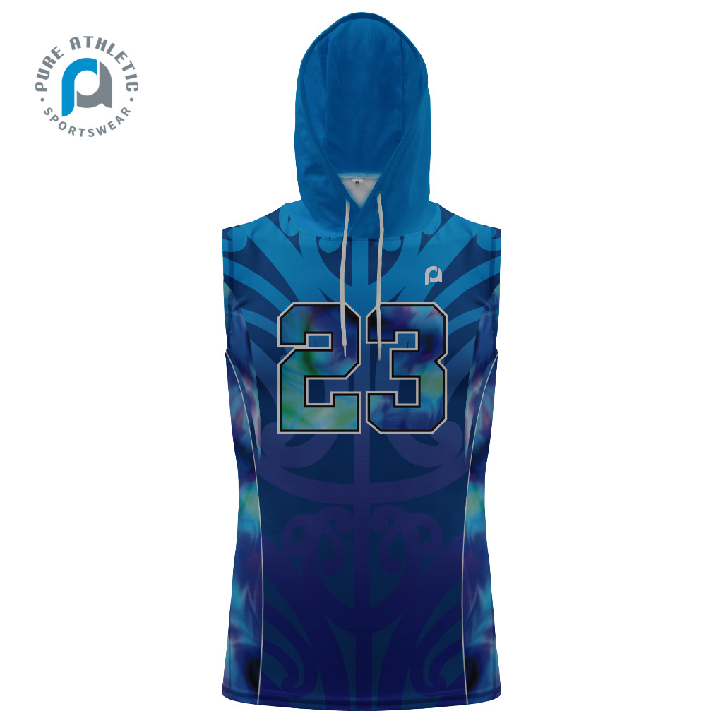 PURE Wholesale Sublimated Printed Polyester Elastic Sleeveless Hoodie Sweatshirts With Hood For Mens Adult Youth