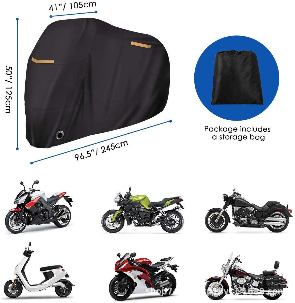 Tesglow UV Protect Dustproof Waterproof Outdoor Snow Rain Proof Coat Motorcycle Cover for Motorbike with Reflective Strap