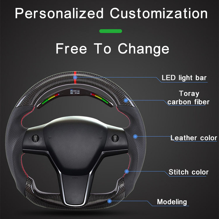 TELISE Car Parts Warm Heated Flat Bottom Leather Matte Carbon Fiber Type D Yoke EV Steering Wheel For Model 3 Y