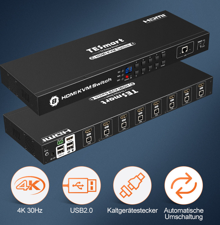 TESmart Comutadores Interruttore KVM Schalter Anahtarlari 1x8 8x11U 1 Display 8 Port HDMI KVM Switch with IR LCD Control