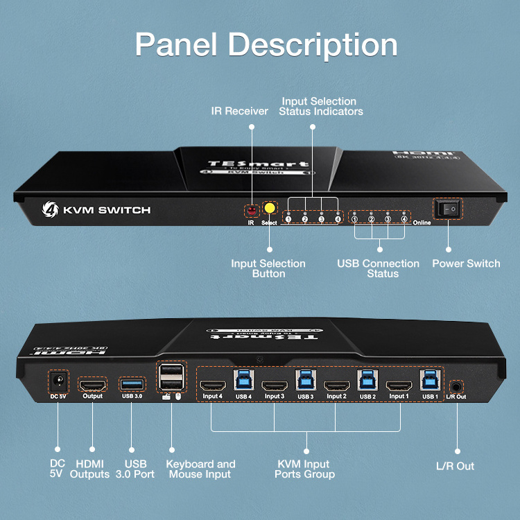 TESmart ODM OEM 4 Ports KVM Switcher USB 3.0 Switch Selector 4K 120Hz True 8K HDMI KVM Switch for PS5