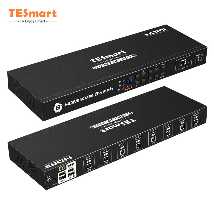 TESmart Comutadores Interruttore KVM Schalter Anahtarlari 1x8 8x11U 1 Display 8 Port HDMI KVM Switch with IR LCD Control