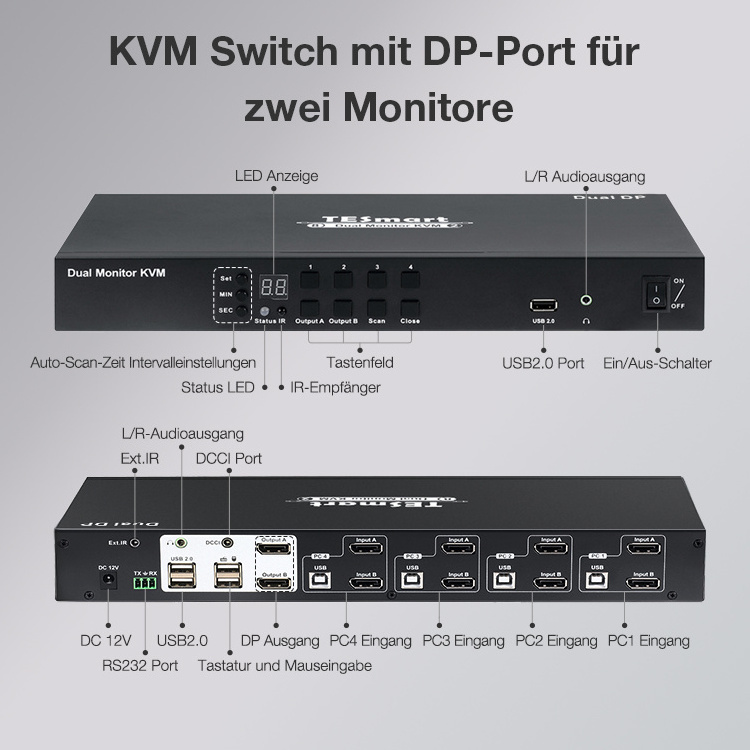 TESmart Hot Sale KVM Switch 8 port 8X2 Dual Monitor USB 2.0 Hub Hotkeys DCCI Hot plug 8 in 8 out 4K60HZ DP KVM Switch over IP