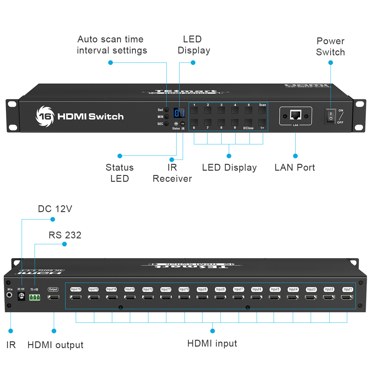 TESmart OEM ODM video switchers 4K Uhd Hdcp 2.2 broadcast live stream mixer 16 In 1 Out switcher video Aodio 16X1 Hdmi Switch