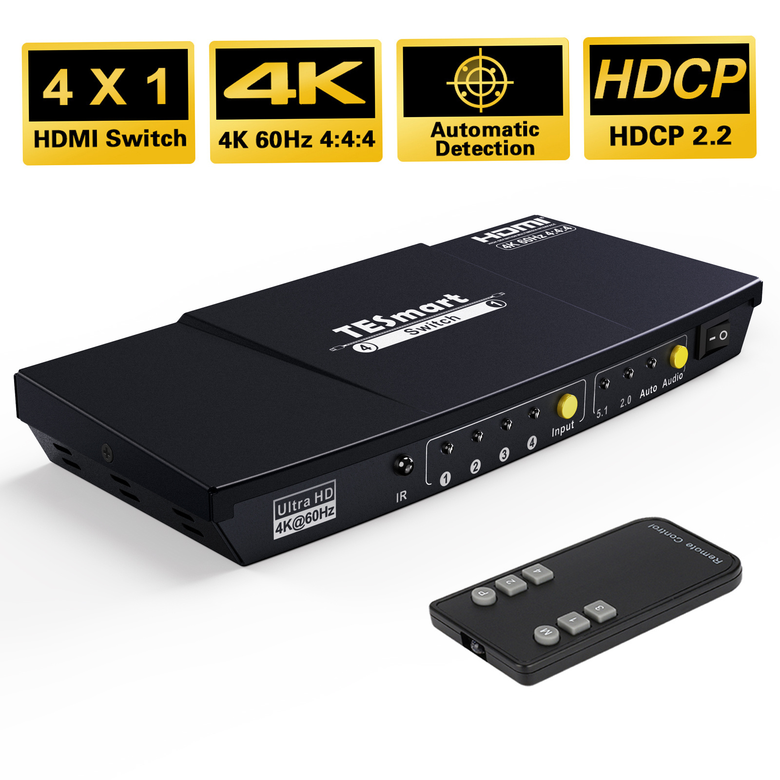 TESmart Audio output via optical or L/R AUX interfaces 4x1 HDMI Switch 4k@60Hz 4:4:4 2.0/5.1/Auto modes of audio output