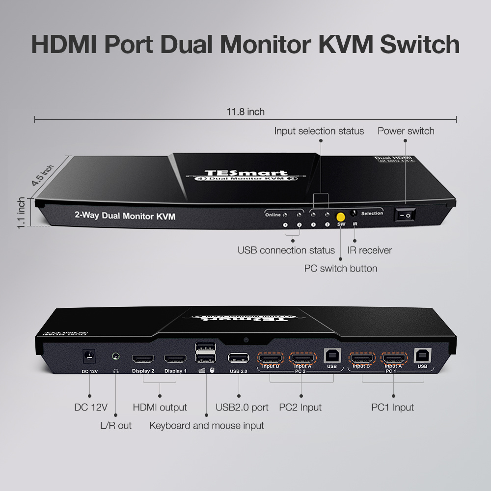 TESmart IR Remote Hot Key 4x2  HDMI USB Dual Monitor 2 display Mode KVM Switch 4 In 2 Out HDMI Dual KVM Swither