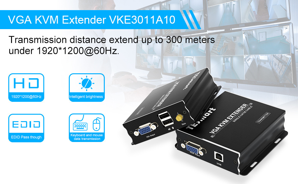 TESmart 300M VGA KVM Extender For DVR Security System Control PC Remotely With Video Transmitter And Receiver Video Extender