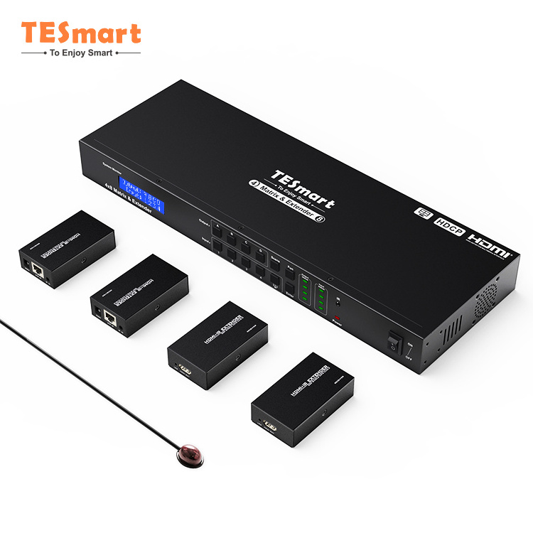 TESmart HDMI Matrix Cat 5e/6  Quad View mode Extender 4 In 4 Out 4 Mirror Extended 1920x1080@60Hz HDMI Matrix with Extender