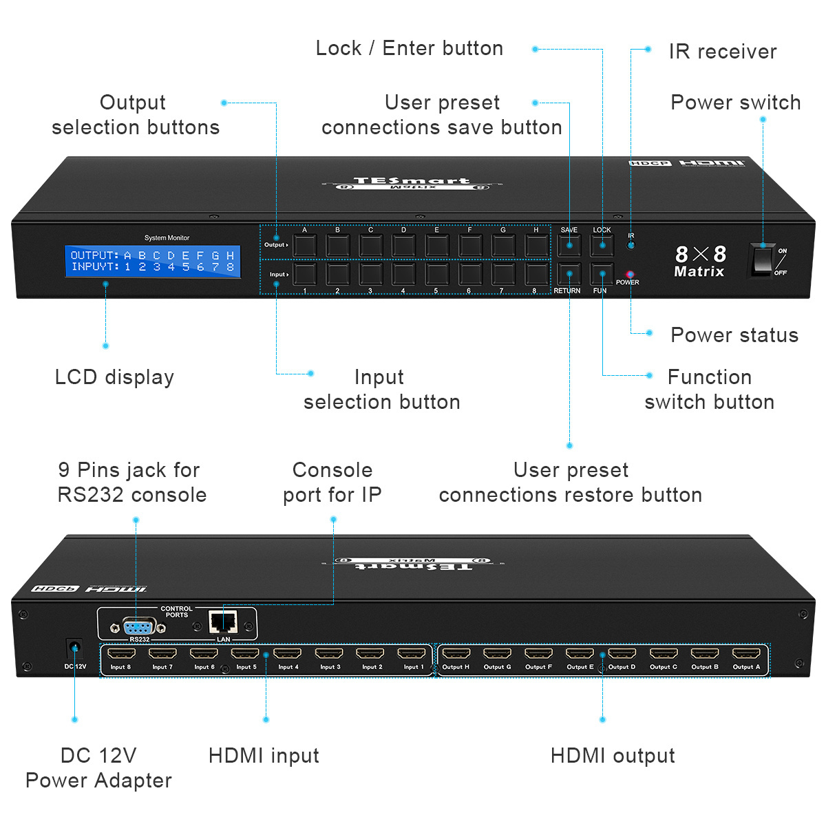 TESmart Factory price 8X8 HDMI Matrix Switcher 4K  support IR remote control Video Accessories hdmi matrix switch 8x8