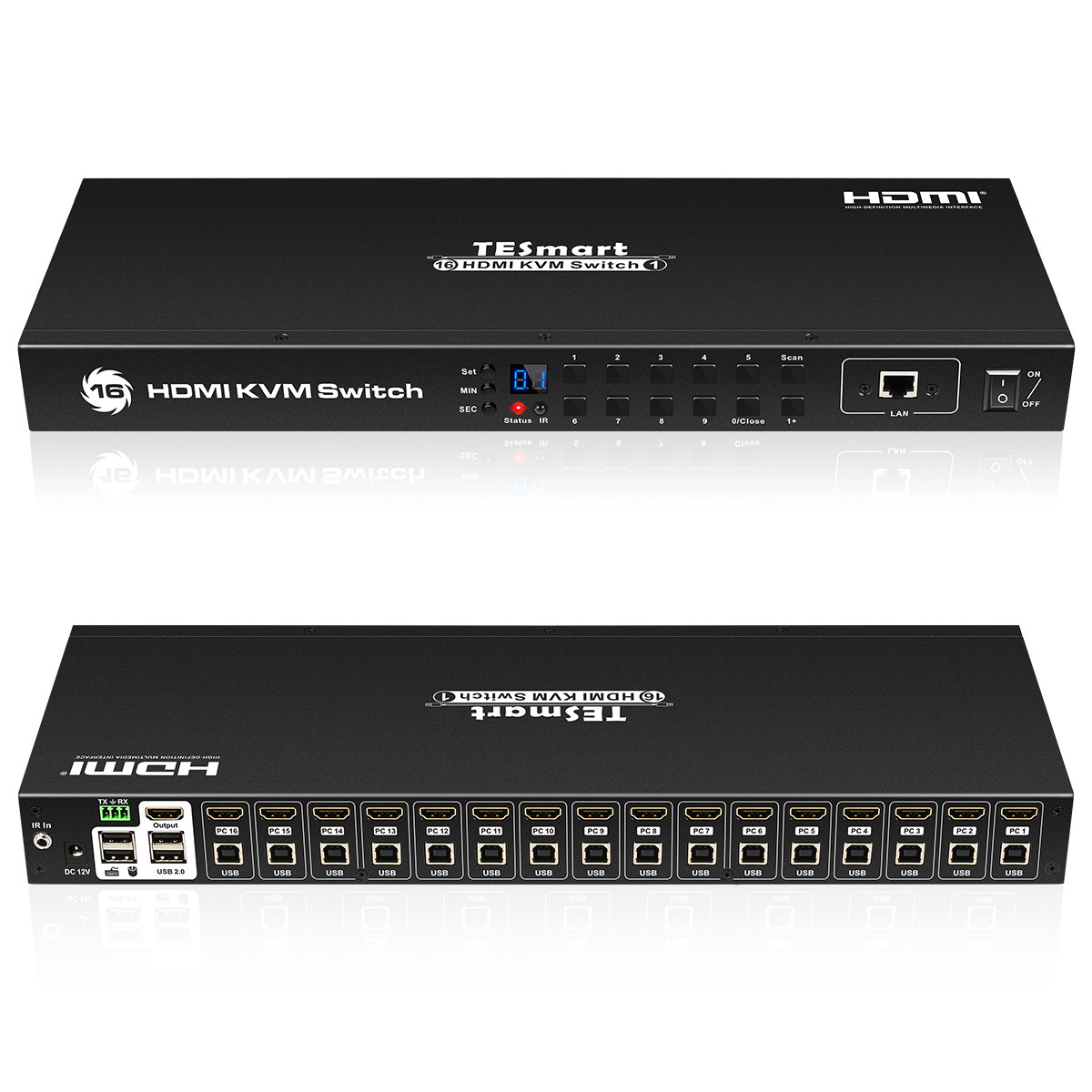 TESmart OEM ODM Hot Selling  4K USB HDMI KVM Switcher 16 Port in 1 Out With RS232 LAN Port HDMI Switch