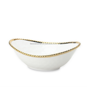 RCB009 Christmas party tableware 12.25" gold rim oval fruit bowl dinnerware porcelain salad mixing bowl