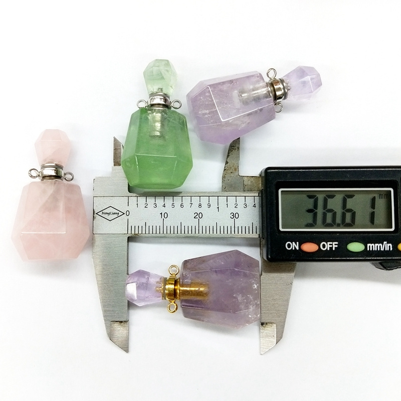 Natural Crystal Gemstone Essential Oil Diffuser Bottle Pendants Amethyst Fluorite Rose Quartz Perfume Bottle For Necklace Charms