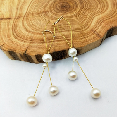 Fashion 14K gold small ball natural pearl earring white round freshwater pearls earrings drop long tassel beads jewelry