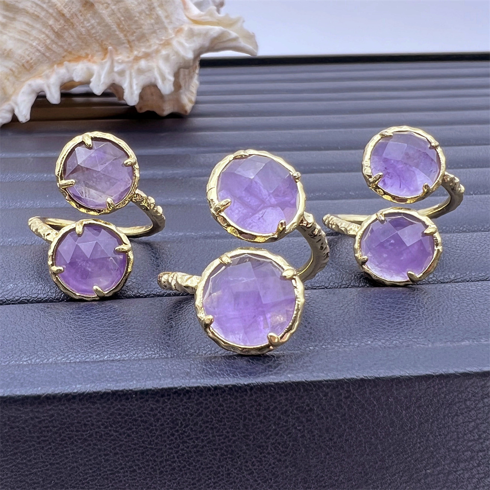 fashion jewelry round cut purple amethyst quartz double stone ring gold plated ring handmade gemstone adjustable ring for women