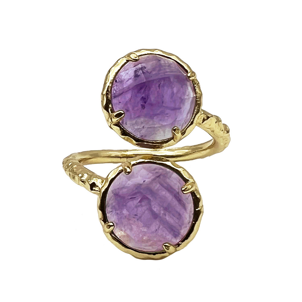 fashion jewelry round cut purple amethyst quartz double stone ring gold plated ring handmade gemstone adjustable ring for women