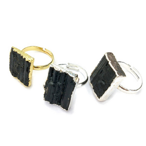 Silver plated natural raw tourmaline ring square black gemstone rings for women hot sale jewelry rings for men