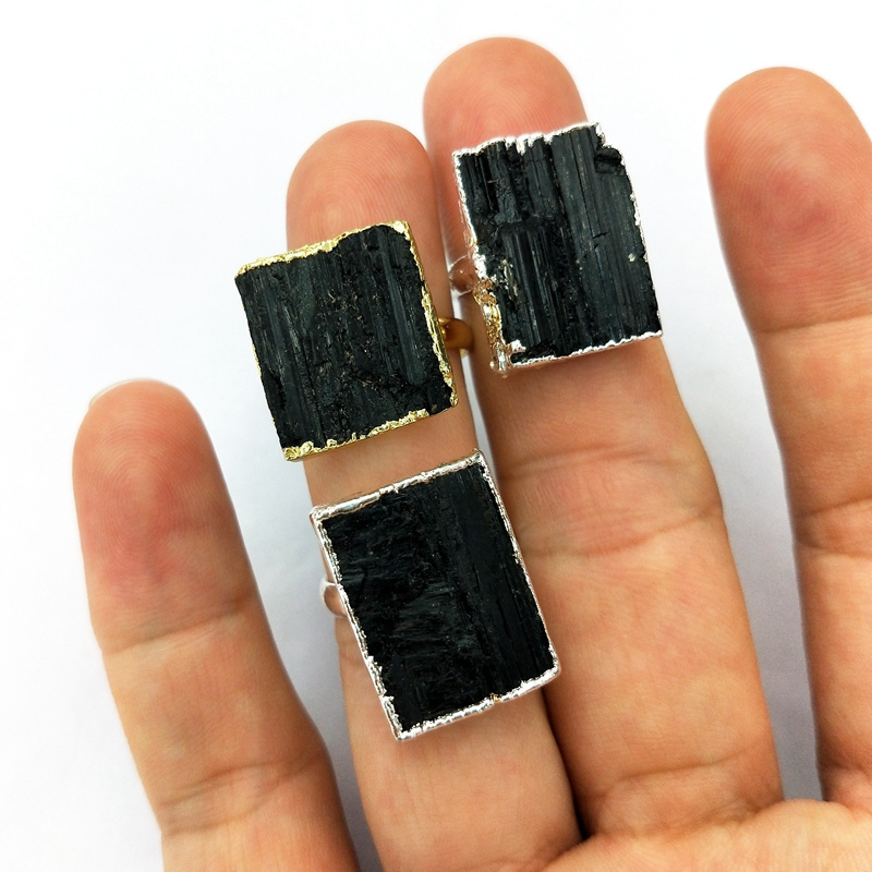 Silver plated natural raw tourmaline ring square black gemstone rings for women hot sale jewelry rings for men