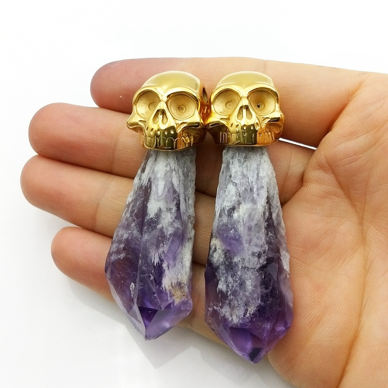 Stainless Steel Punk Skull Raw Amethyst Pendant Hot Sale Charming Jewelry Jewellery Natural Purple Pendant Two Color Select