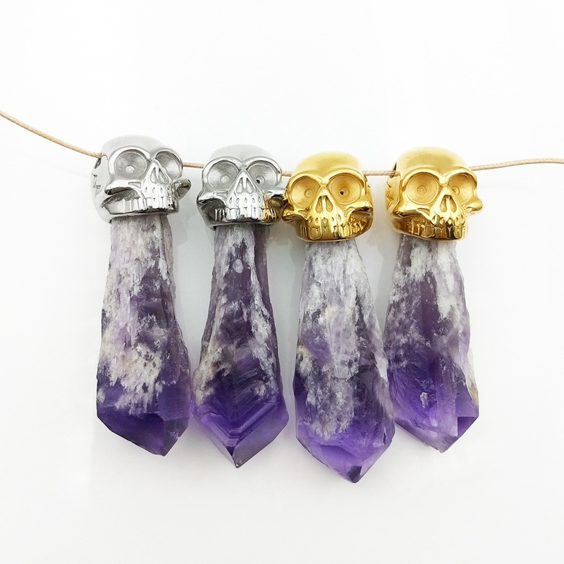 Stainless Steel Punk Skull Raw Amethyst Pendant Hot Sale Charming Jewelry Jewellery Natural Purple Pendant Two Color Select