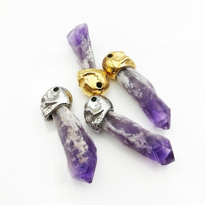 Stainless Steel Punk Skull Raw Amethyst Pendant Hot Sale Charming Jewelry Jewellery Natural Purple Pendant Two Color Select