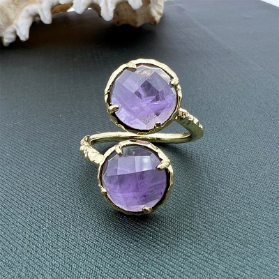 fashion jewelry round cut purple amethyst quartz double stone ring gold plated ring handmade gemstone adjustable ring for women