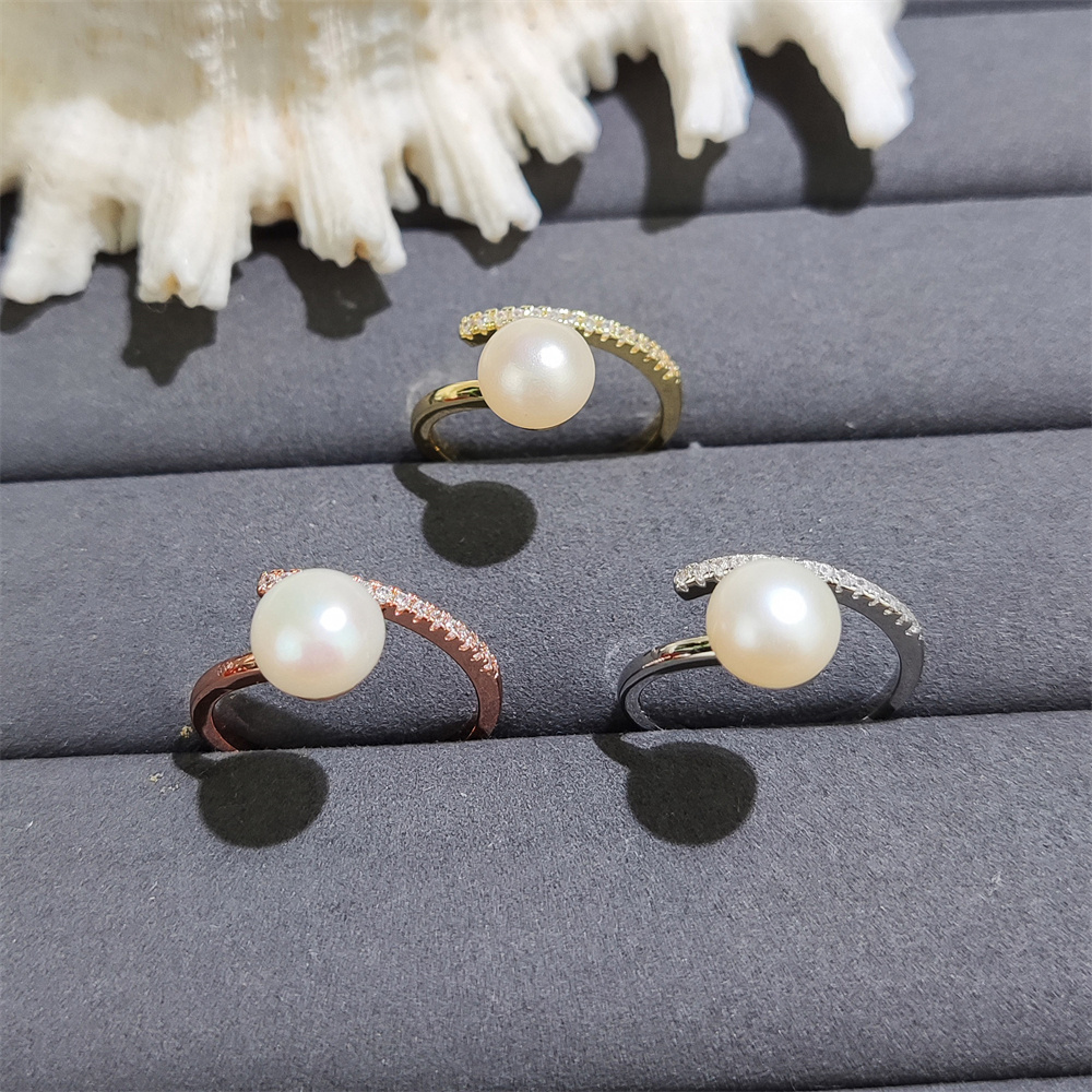 2024 Hot Sale Trendy Cultured Pearl Rings Open Ring 18K Gold Rose Silver Plated Zircon Inlay Natural Pearl Ring Jewelry For Girl