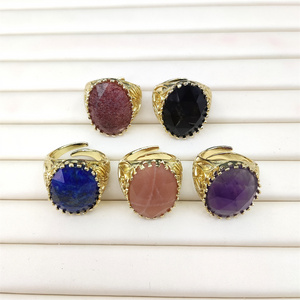 Wholesale Bulk 18k Gold Plated Stone Ring Oval Natural Gemstone Ring Fashion Jewelry Gift Strawberry Quartz Lapis Lazuli Ring