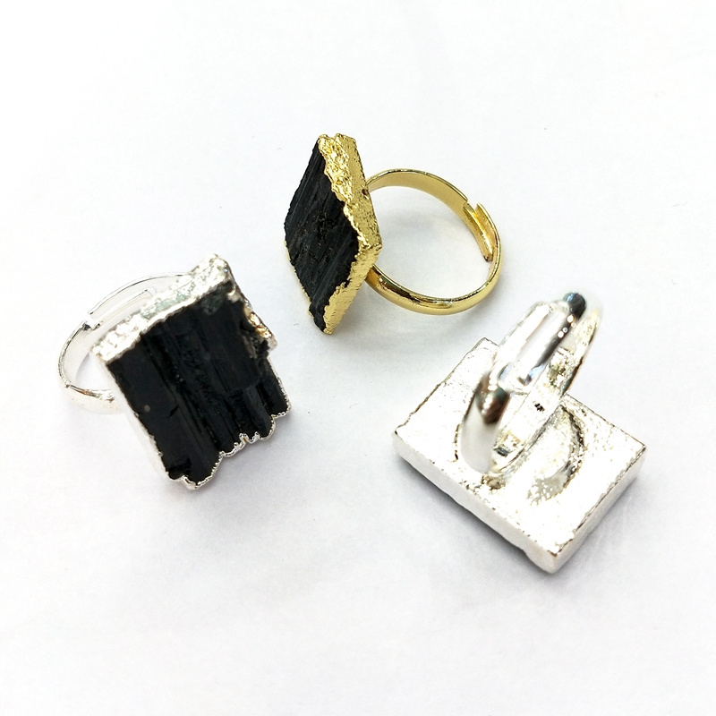 Silver plated natural raw tourmaline ring square black gemstone rings for women hot sale jewelry rings for men