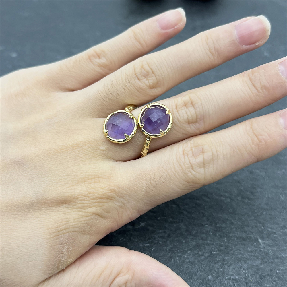 fashion jewelry round cut purple amethyst quartz double stone ring gold plated ring handmade gemstone adjustable ring for women