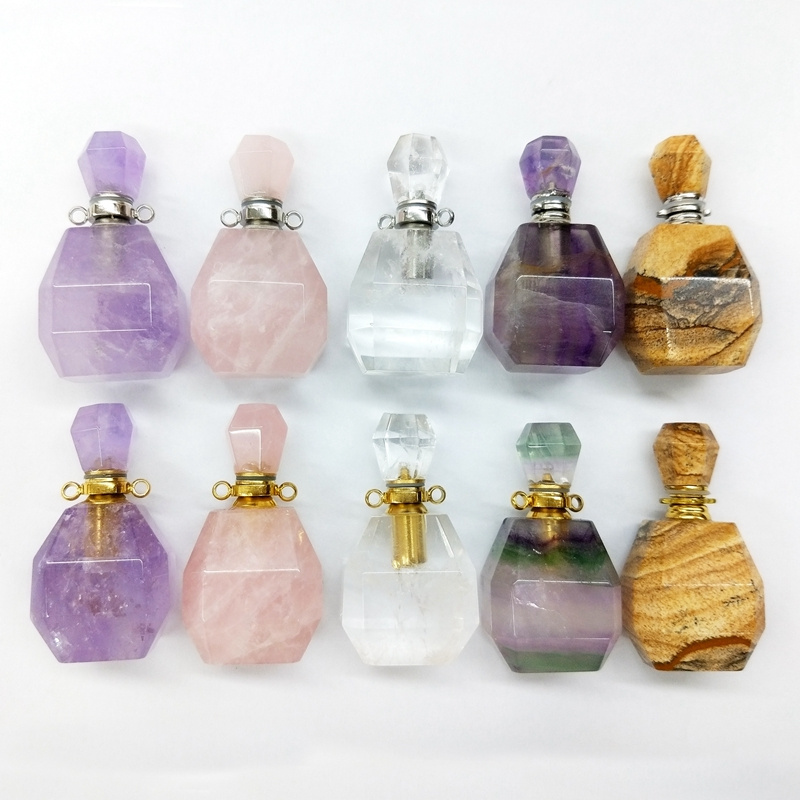 Natural Crystal Gemstone Essential Oil Diffuser Bottle Pendants Amethyst Fluorite Rose Quartz Perfume Bottle For Necklace Charms